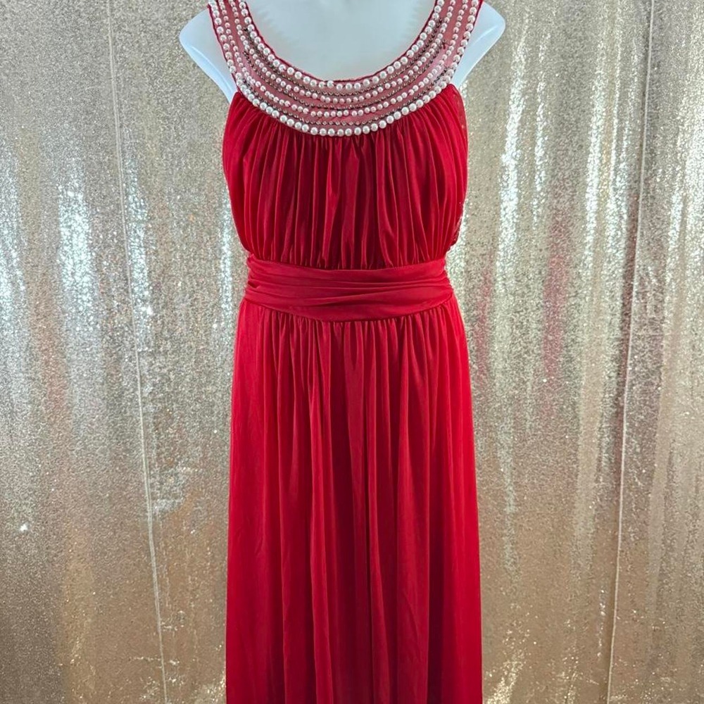 Red Beaded Neckline Formal Gown with Sheer Wrap Prom Wedding Dress NEW